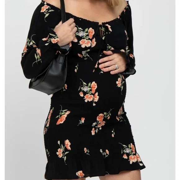Black Floral Long Sleeve Smocked Maternity Mini Dress - Picture 1 of 5